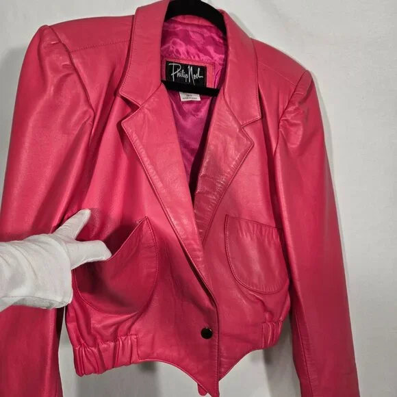USA Vintage PHILIP NOEL Retro BARBIECORE Bright PINK Leather Crop Jacket Size M. - Picture 8 of 17